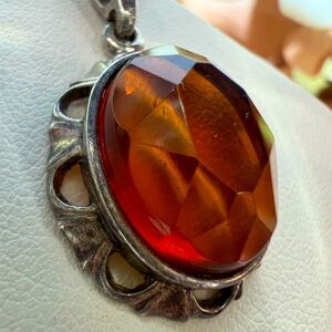 Vintage Art Deco Pendant large Orange Amber Faceted Sterling Silver Pendant 925